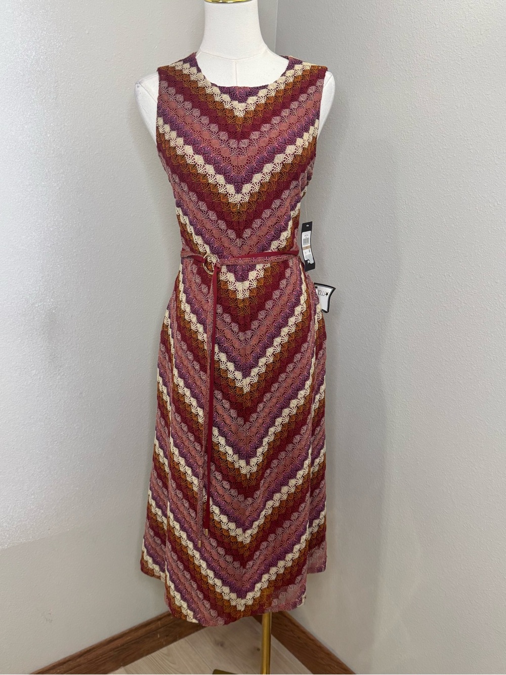 Jessica Howard 12P Wine Crochet Chevron Lace Belted Midi Dress NWT